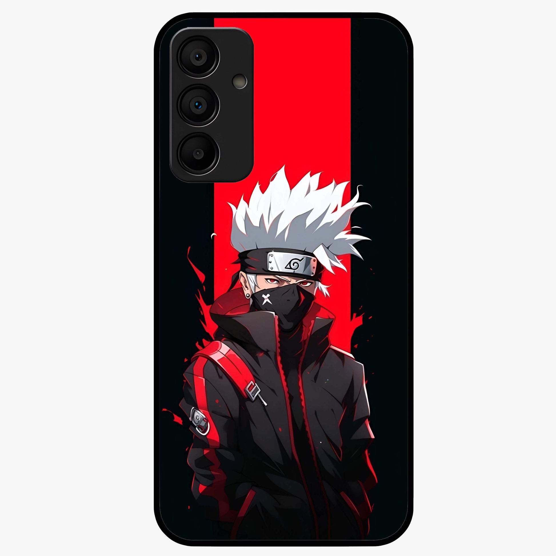 Kakashi Scarlet Shadow Glass Case showing flat back view with powerful anime ninja artwork and glossy glass finish.