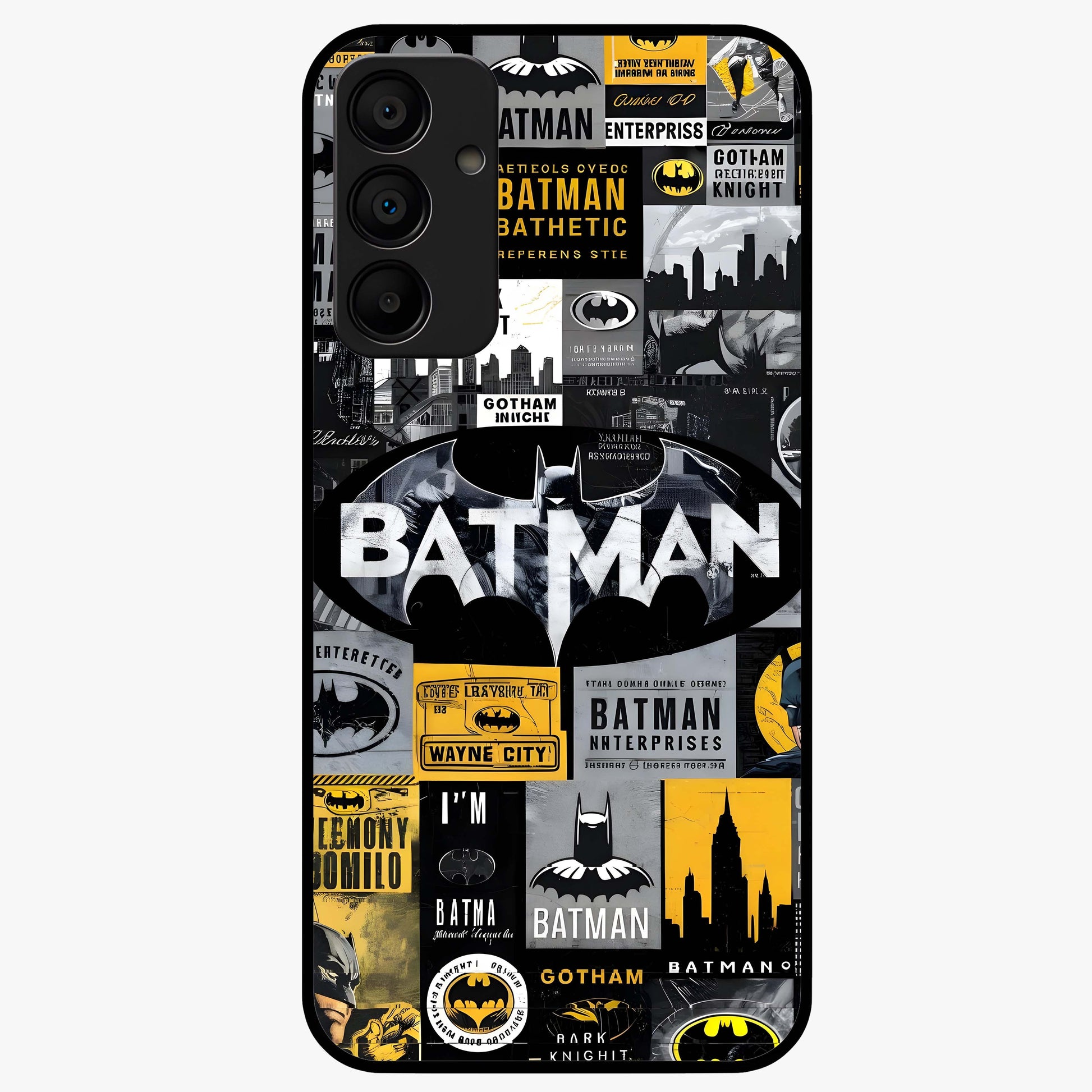 Knight Gotham Rise Glass Case showing flat back view with dark hero inspired artwork and glossy glass finish.