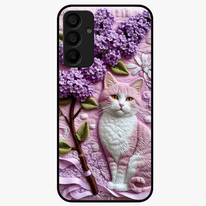 Lavender Cat Whimsy Glass Case showing flat back view with cute lavender cat artwork and glossy glass finish.