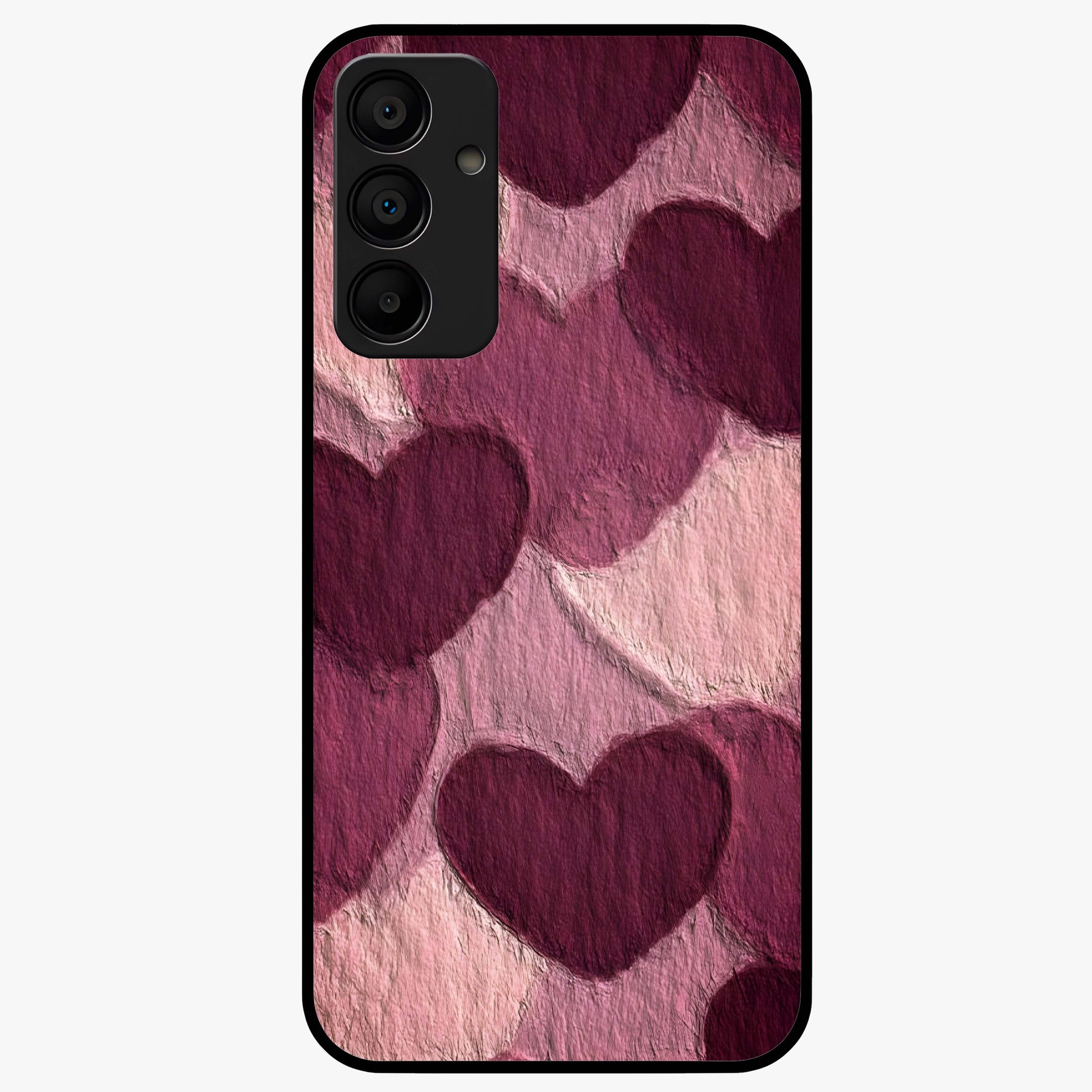 Layered Paper Hearts Glass Case showing flat back view with layered paper heart artwork and glossy glass finish.
