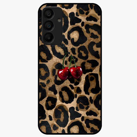 Leopard Wild Cherry Glass Case showing flat back view with leopard pattern and cherry artwork and glossy glass finish.