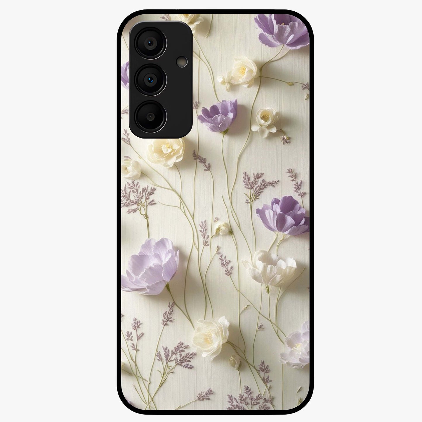 Lilac Breeze Harmony Glass Case showing flat back view with soft lilac themed artwork and glossy glass finish.