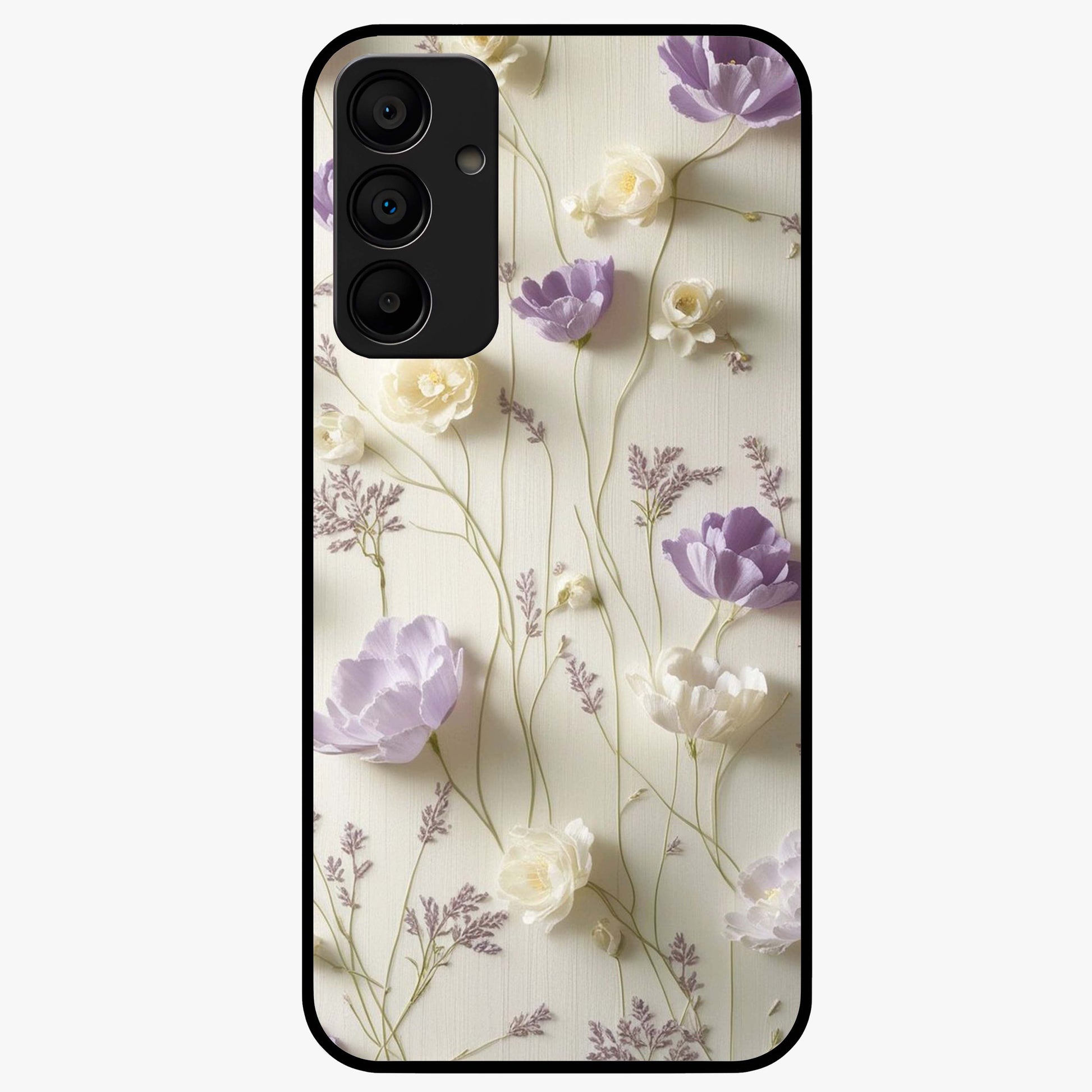 Lilac Breeze Harmony Glass Case showing flat back view with soft lilac themed artwork and glossy glass finish.