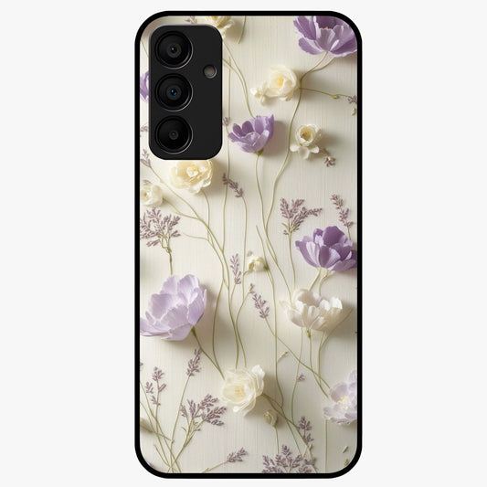 Lilac Breeze Harmony Glass Case showing flat back view with soft lilac themed artwork and glossy glass finish.