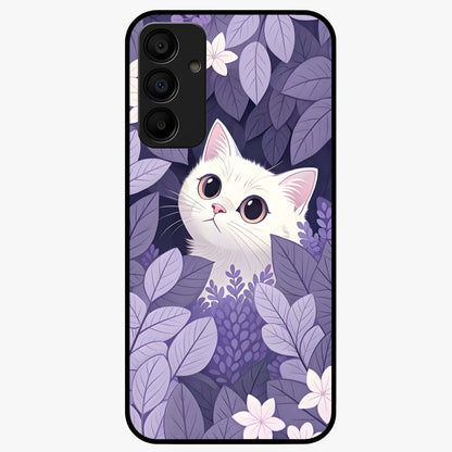 Lilac Hide Peek Cat Glass Case showing flat back view with cute peeking cat artwork and glossy glass finish.