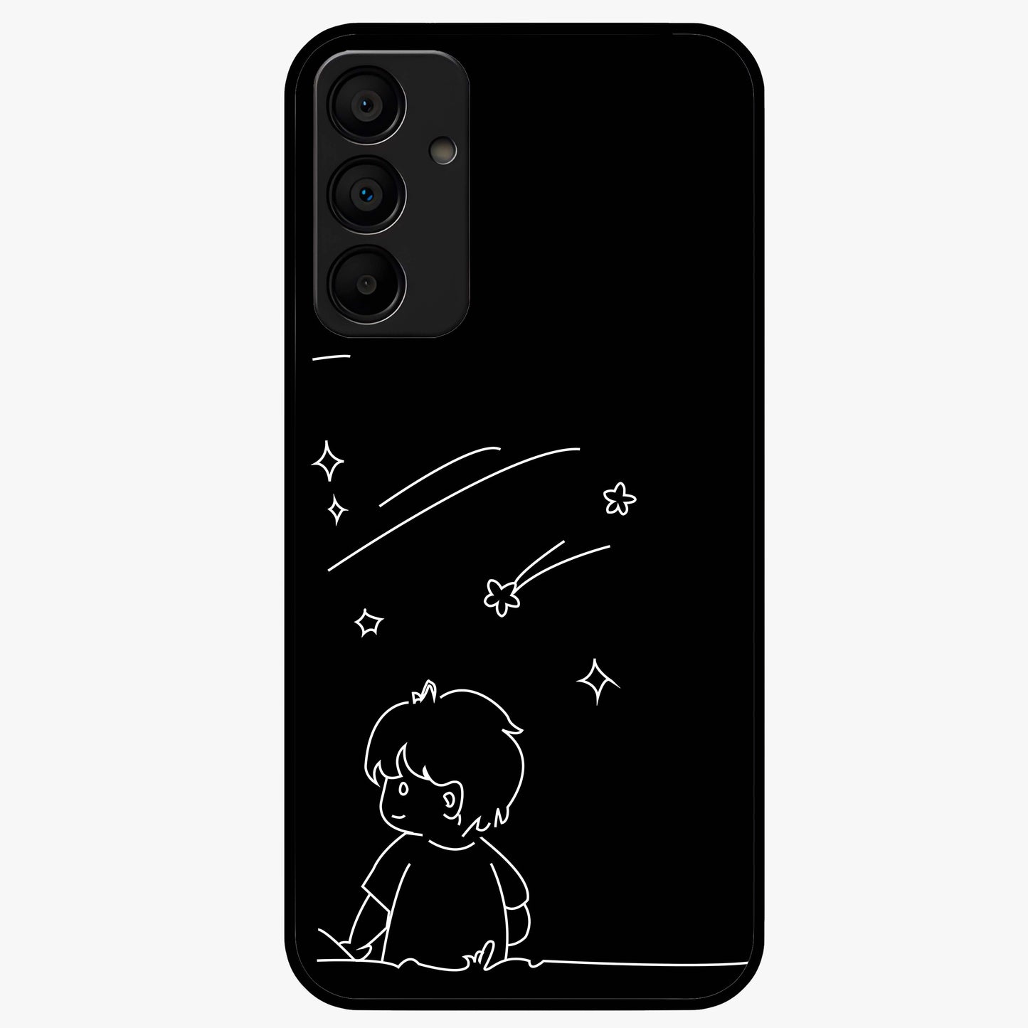 Line Art Boy With Shooting Stars Glass Case showing flat back view with minimal line art boy and shooting stars illustration and glossy glass finish.