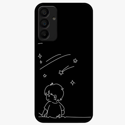 Line Art Boy With Shooting Stars Glass Case showing flat back view with minimal line art boy and shooting stars illustration and glossy glass finish.
