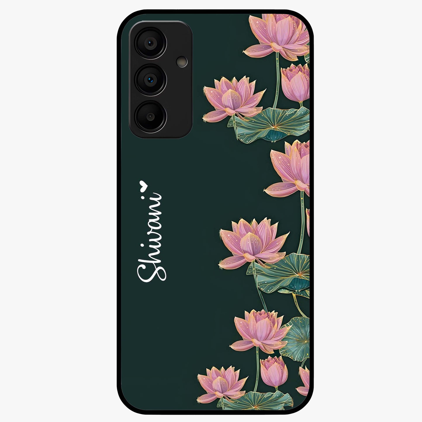Lotus Bloom Serenity Custom Name Glass Case showing flat back view with elegant lotus flower artwork and personalized name design.