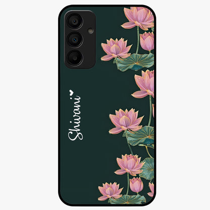 Lotus Bloom Serenity Custom Name Glass Case showing flat back view with elegant lotus flower artwork and personalized name design.