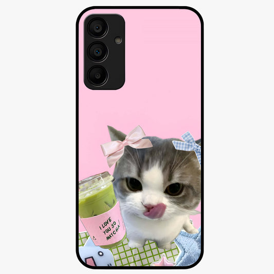 Love Matcha Cat Glass Case showing flat back view with cute cat and matcha themed artwork and glossy glass finish.