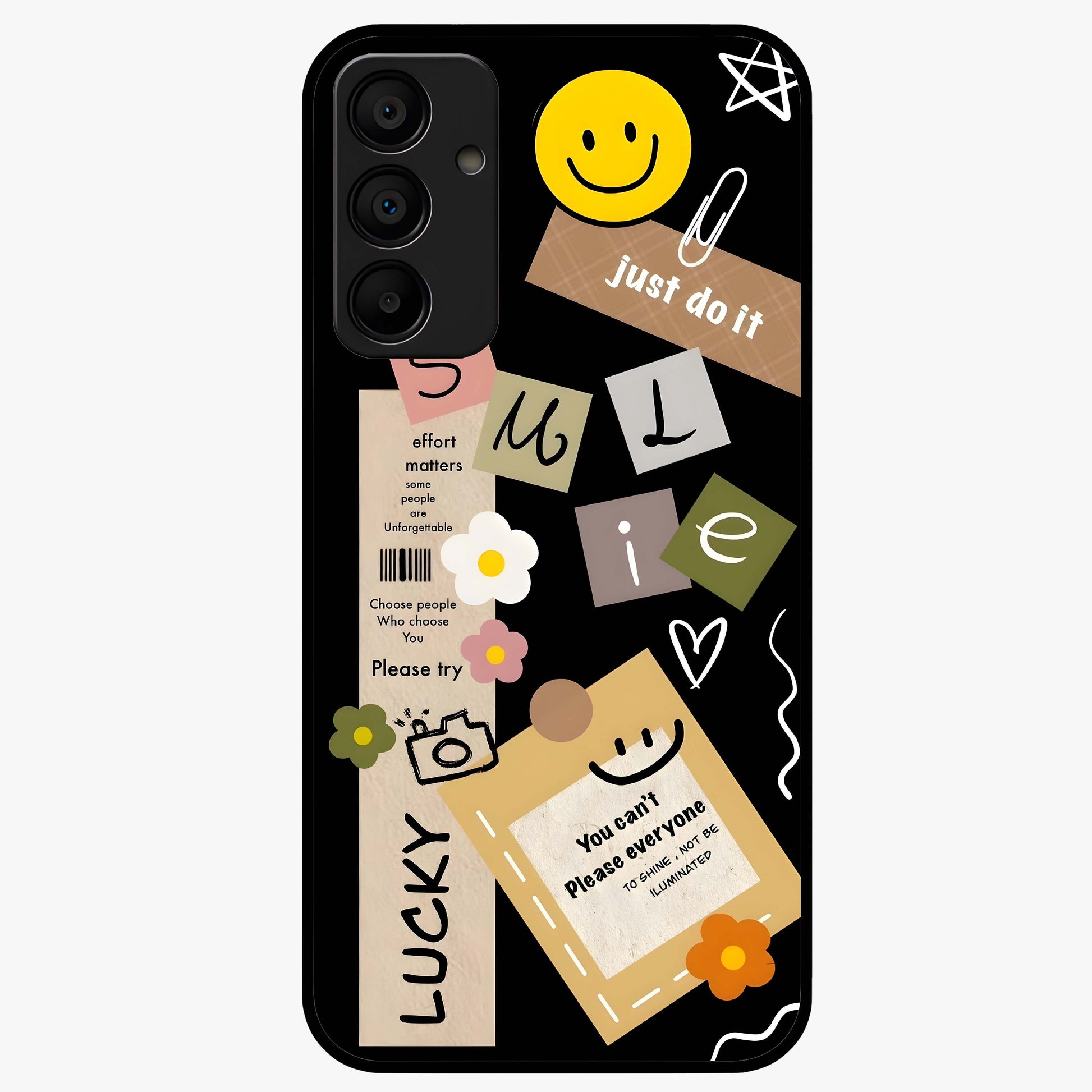Lucky Aesthetic Collage Glass Case showing flat back view with trendy aesthetic collage artwork and glossy glass finish.