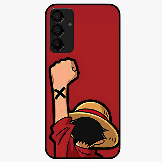 Luffy X Spirit Glass Case showing flat back view with bold anime character artwork and glossy glass finish.