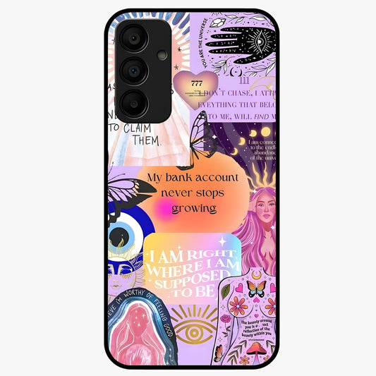 Manifestation Collage Glass Case showing flat back view with motivational collage artwork and glossy glass finish.