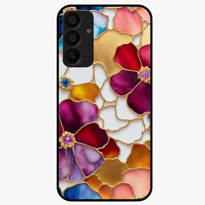 Marble Flower Pattern Glass Case showing flat back view with marble texture floral artwork and glossy glass finish.