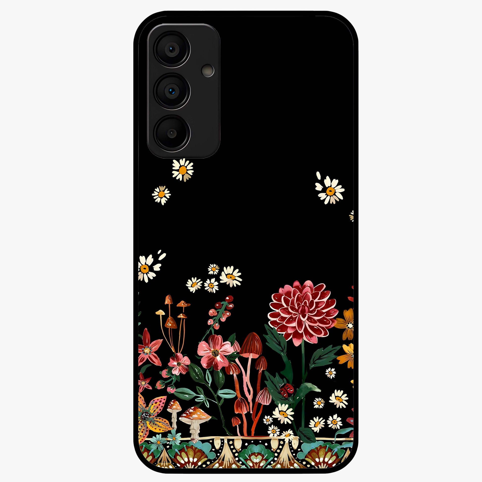 Midnight Bloom Pattern Glass Case showing flat back view with dark floral pattern artwork and glossy glass finish.