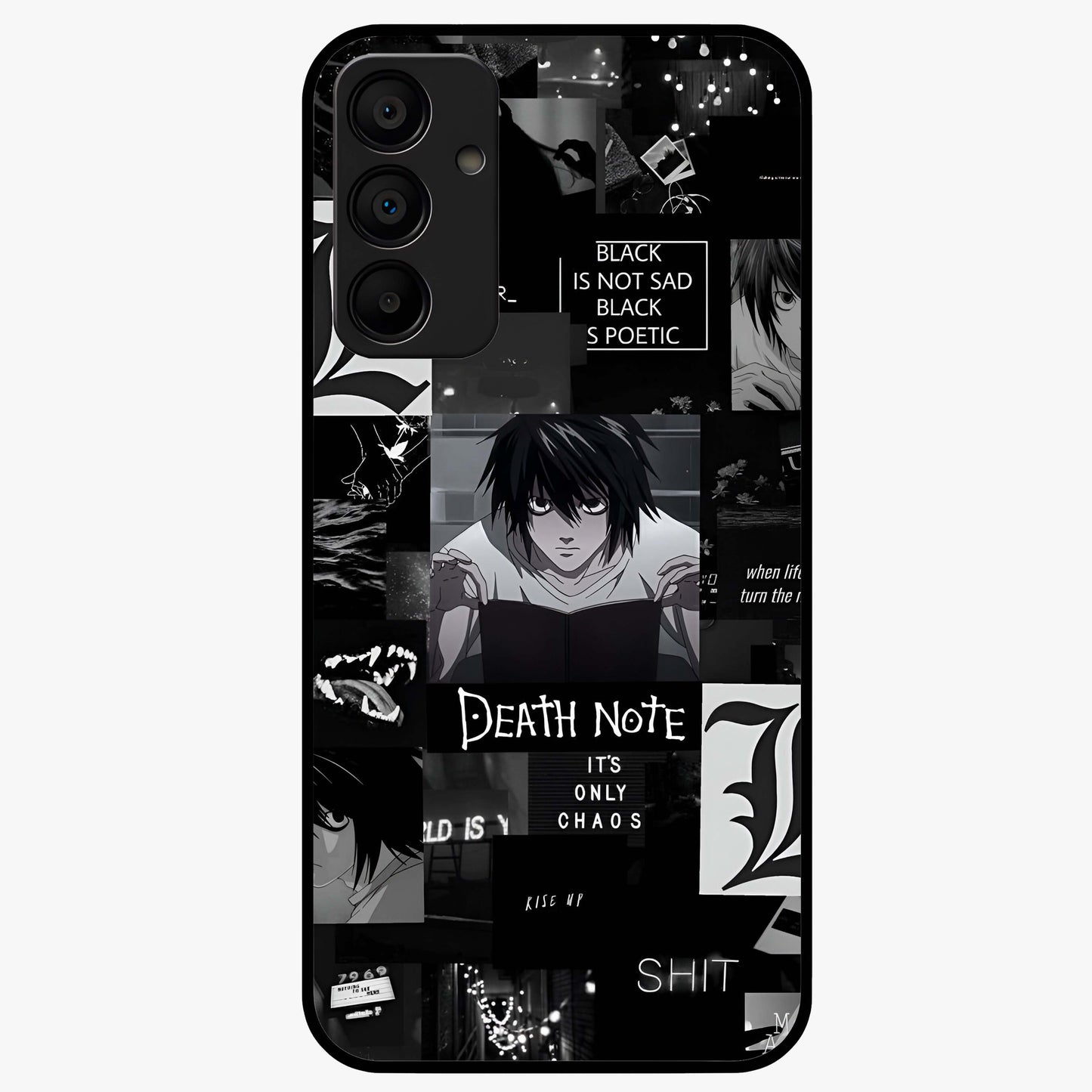 Midnight Chaos Mind Glass Case showing flat back view with abstract dark themed artwork and glossy glass finish.