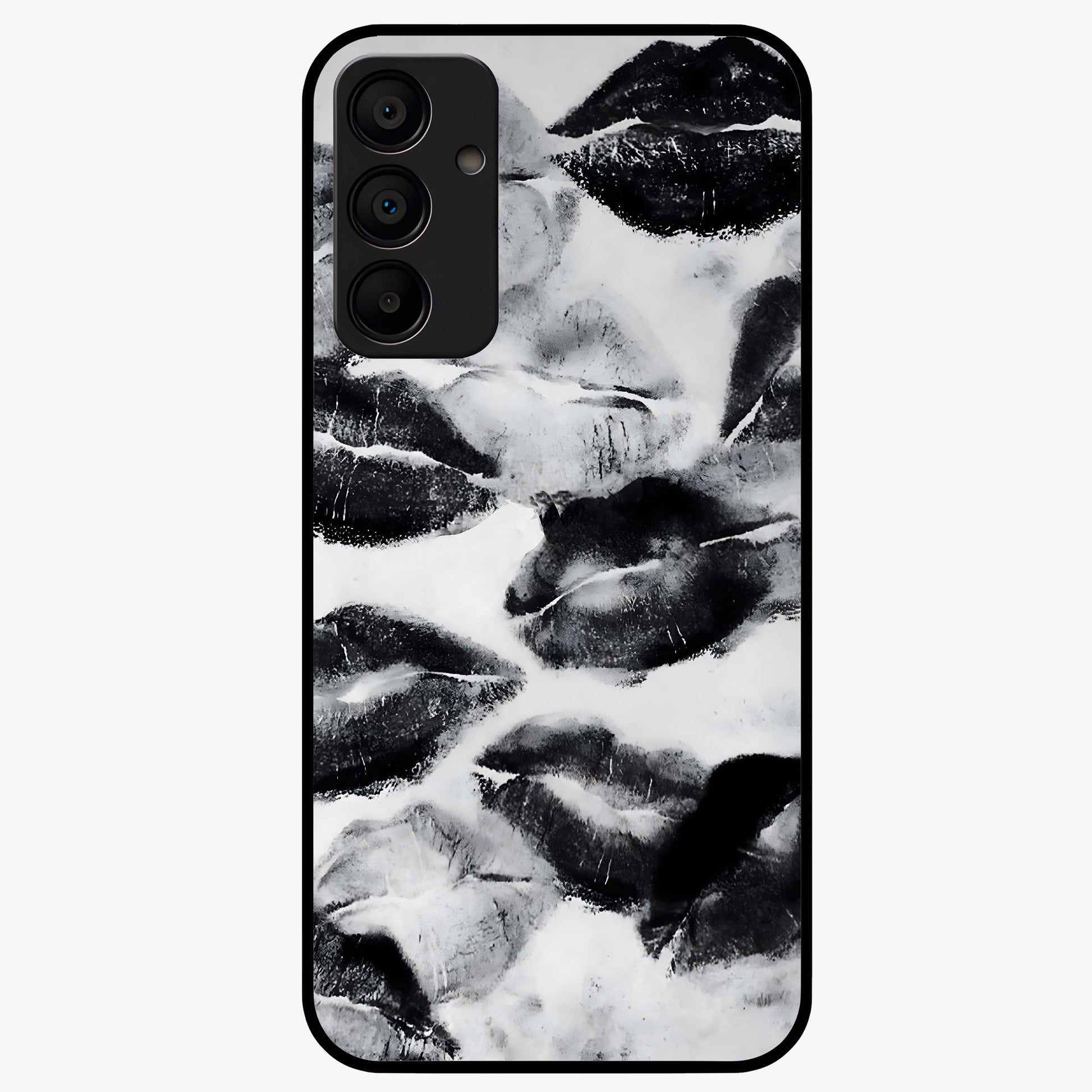 Midnight Kiss Marks Glass Case showing flat back view with lipstick kiss mark artwork and glossy glass finish.