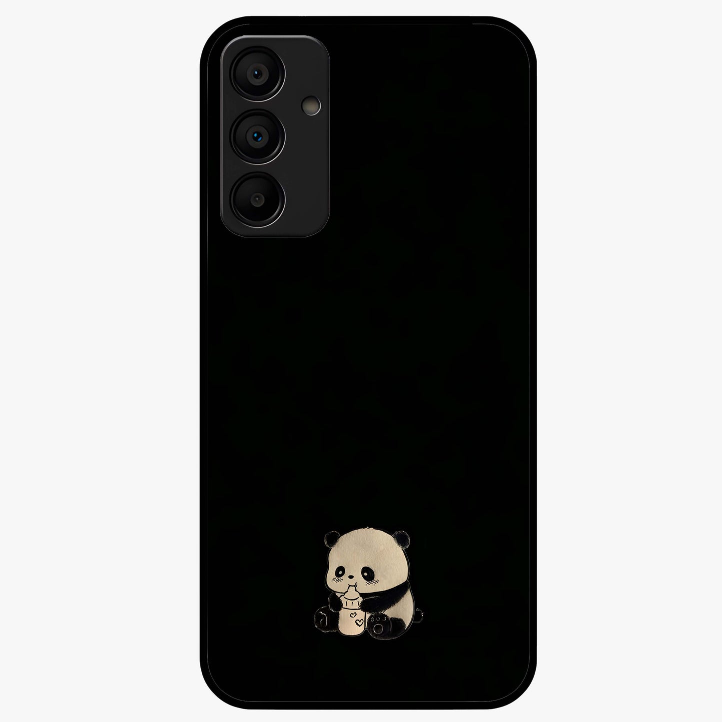 Midnight Panda Love Glass Case showing flat back view with cute panda themed artwork and glossy glass finish.