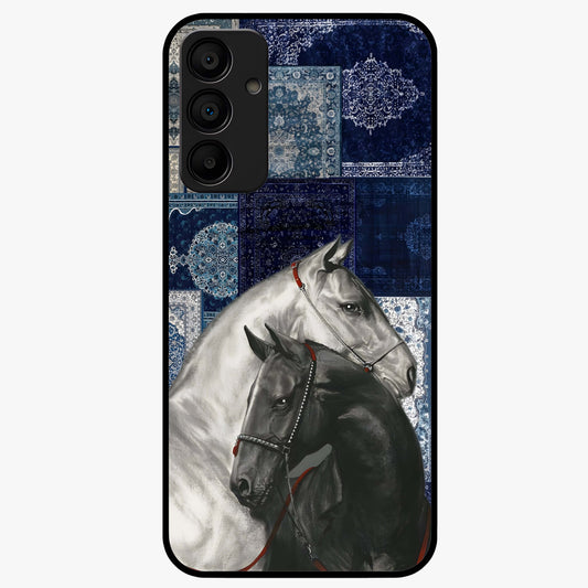 Midnight Stallion Blues Glass Case showing flat back view with majestic horse artwork and glossy glass finish.