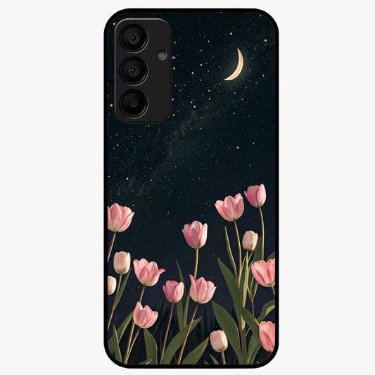 Midnight Tulip Whispers Vibe Glass Case showing flat back view with elegant tulip flower artwork and glossy glass finish.