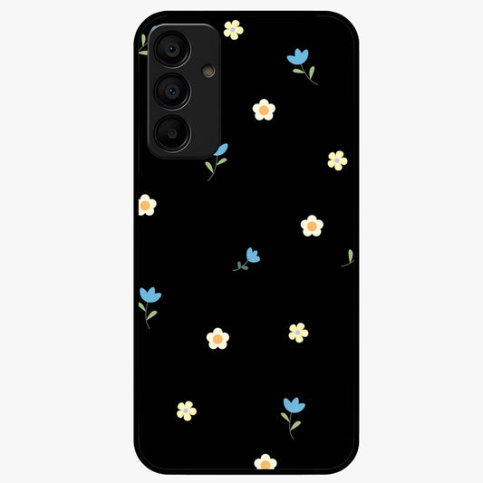 Minimalistic Blue With White Flower Pattern Glass Case showing flat back view with blue background and white flower pattern and glossy glass finish.