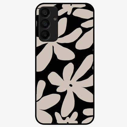 Monochrome Petal Dance Glass Case showing flat back view with monochrome floral artwork and glossy glass finish.
