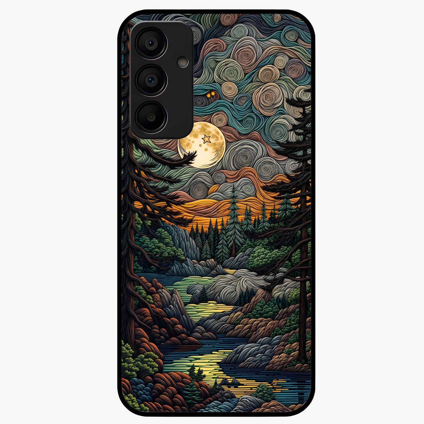 Moonlight Forest Dream Glass Case showing flat back view with mystical forest moonlight artwork and glossy glass finish.