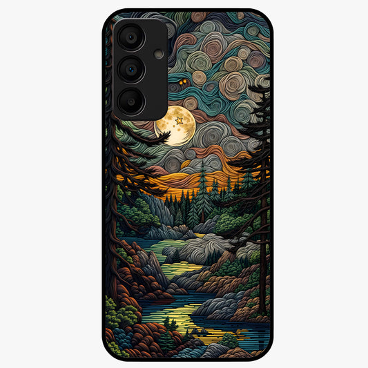 Moonlight Forest Dream Glass Case showing flat back view with mystical forest moonlight artwork and glossy glass finish.