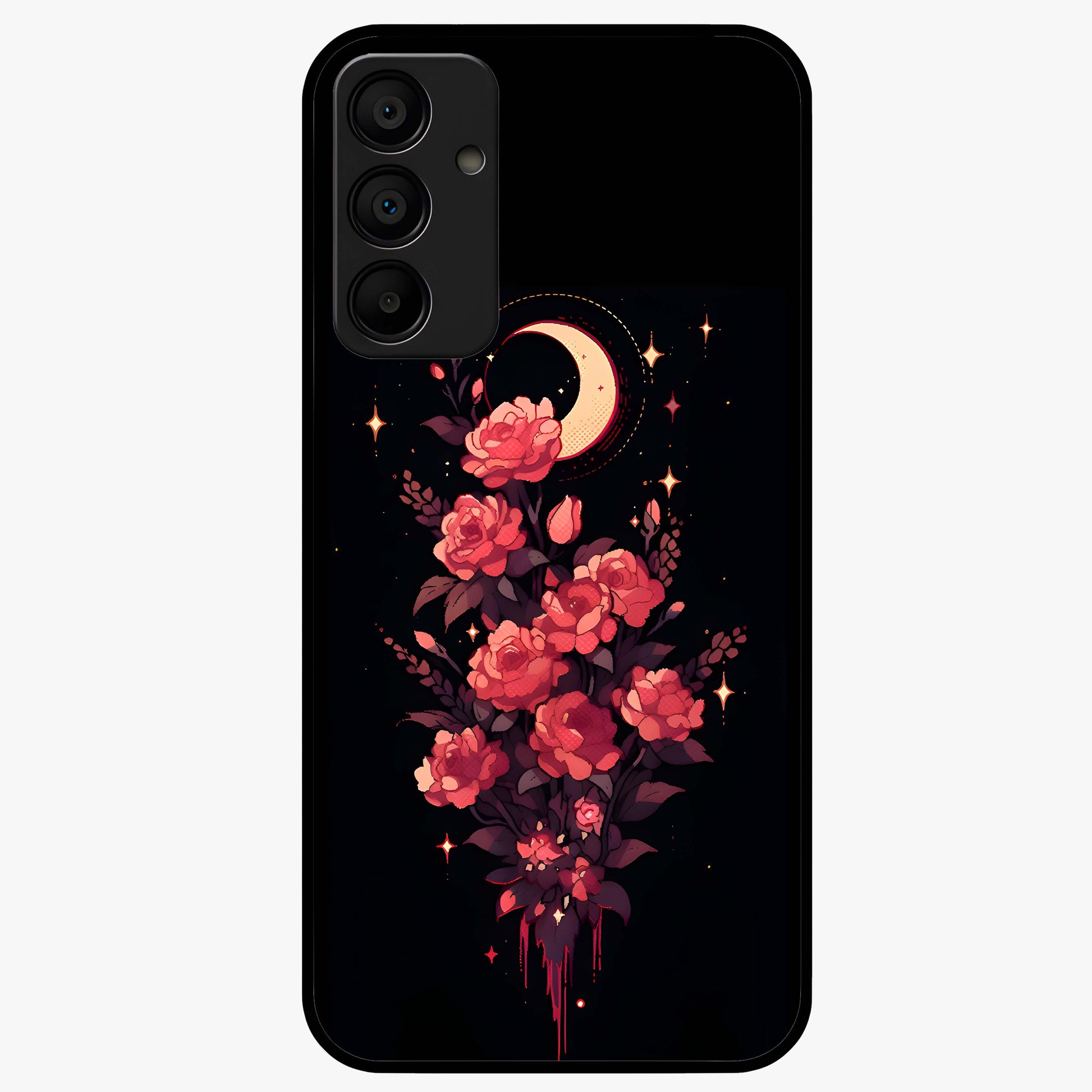 Moonlit Floral Elegance Glass Case showing flat back view with elegant floral artwork under moonlit tones and glossy glass finish.