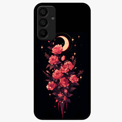 Moonlit Floral Elegance Glass Case showing flat back view with elegant floral artwork under moonlit tones and glossy glass finish.