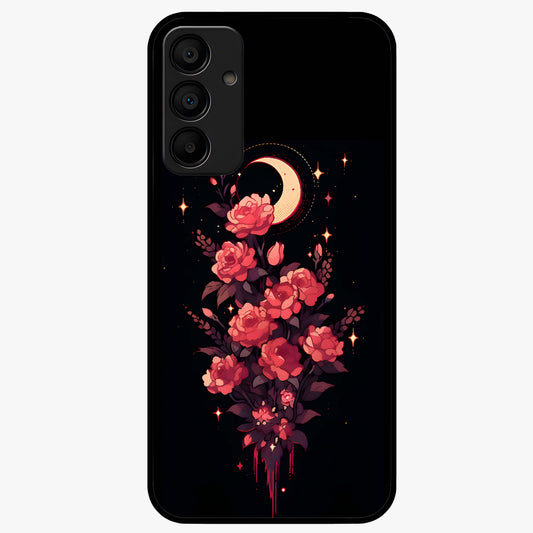 Moonlit Floral Elegance Glass Case showing flat back view with elegant floral artwork under moonlit tones and glossy glass finish.