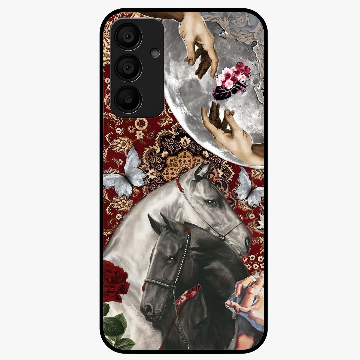 Moonlit Royal Stallion Glass Case showing flat back view with majestic horse under moonlight artwork and glossy glass finish.