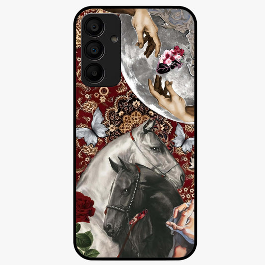 Moonlit Royal Stallion Glass Case showing flat back view with majestic horse under moonlight artwork and glossy glass finish.