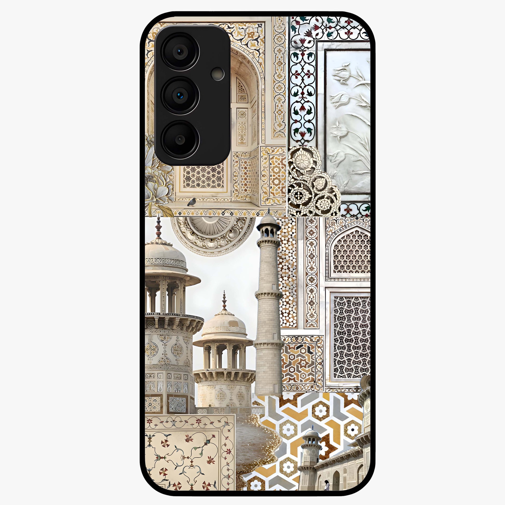 Mughal Marble Legacy Glass Case showing flat back view with intricate Mughal inspired marble pattern and glossy glass finish.