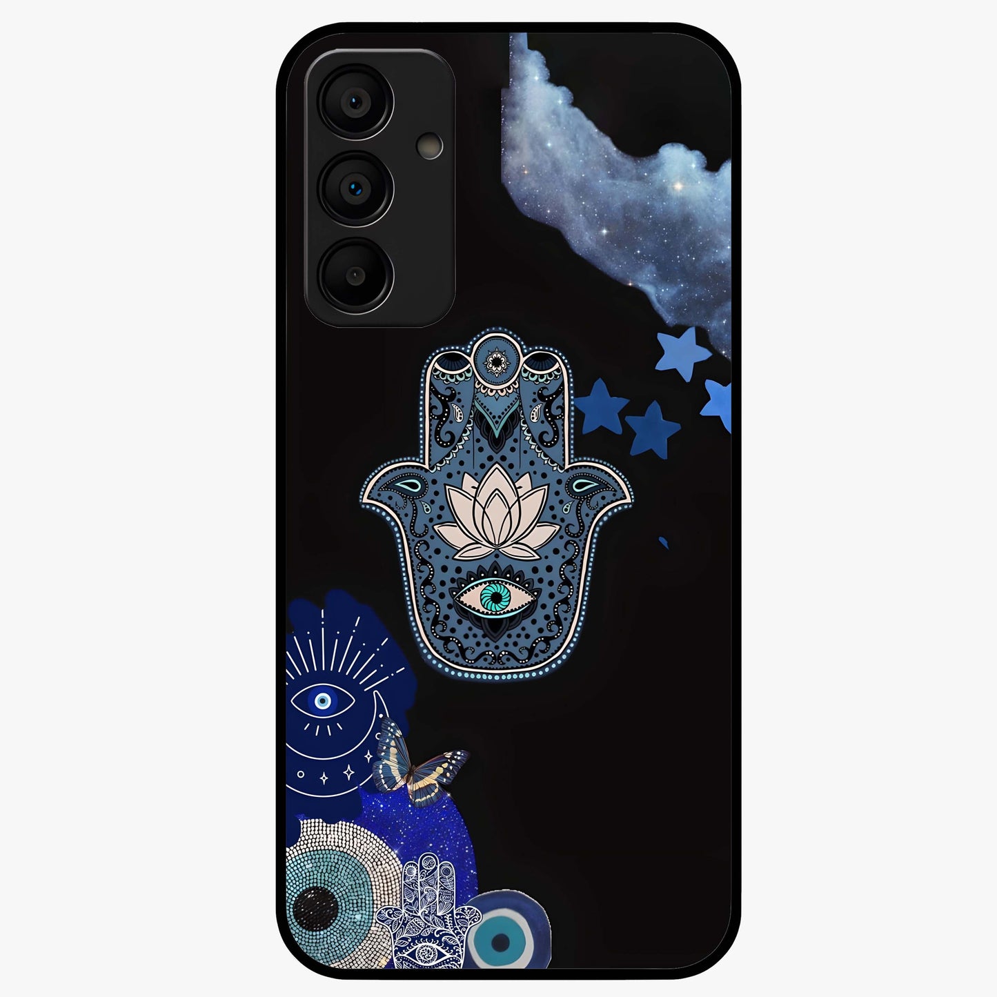 Mystic Hand Aura Glass Case showing flat back view with mystical hand symbol artwork and glossy glass finish.