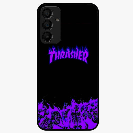 Neon Flame Riot Glass Case showing flat back view with neon flame artwork and glossy glass finish.