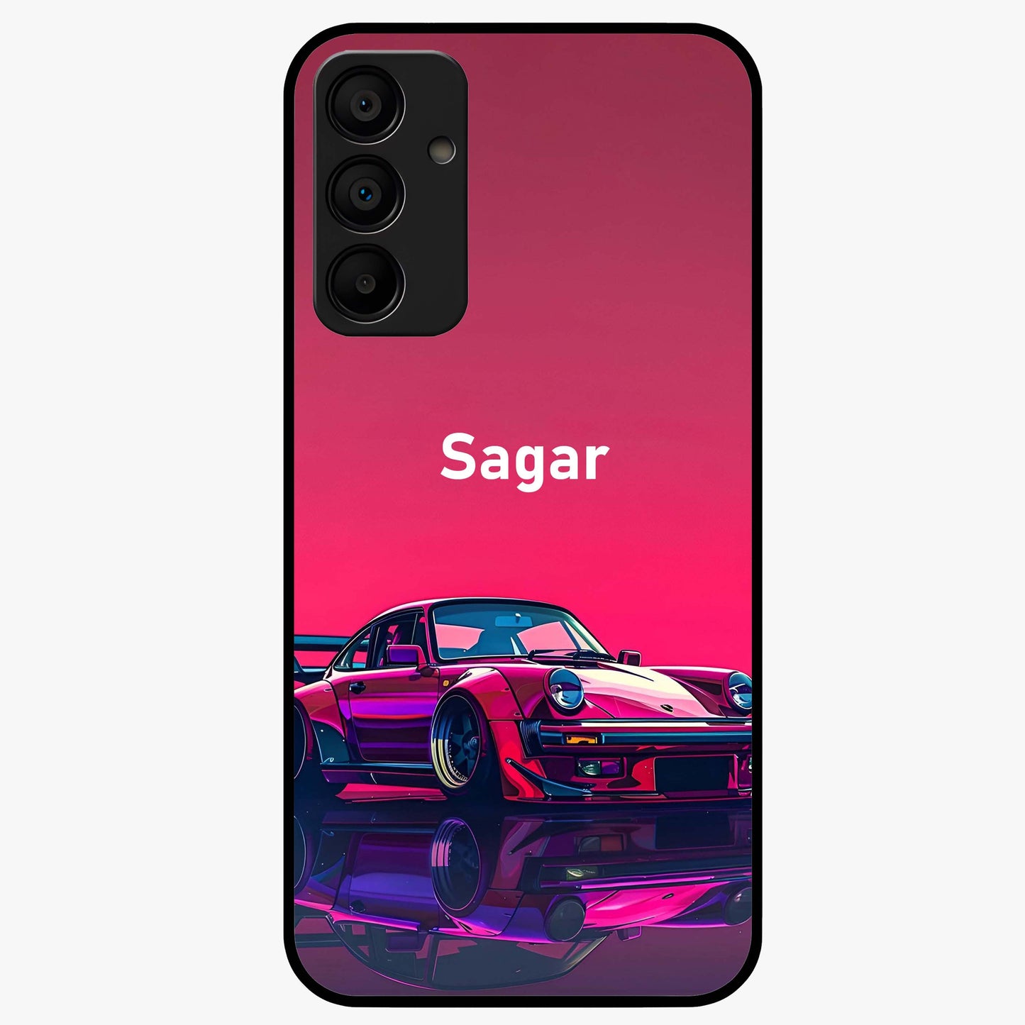 Neon Pink Porsche Glass Case showing flat back view with stylish sports car artwork and glossy glass finish.