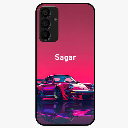 Neon Pink Porsche Glass Case showing flat back view with stylish sports car artwork and glossy glass finish.