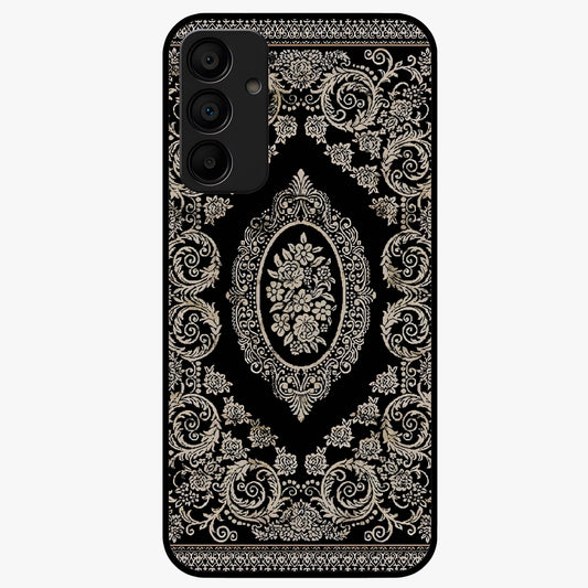 Noir Bloom Elegance Glass Case showing flat back view with elegant dark floral artwork and glossy glass finish.