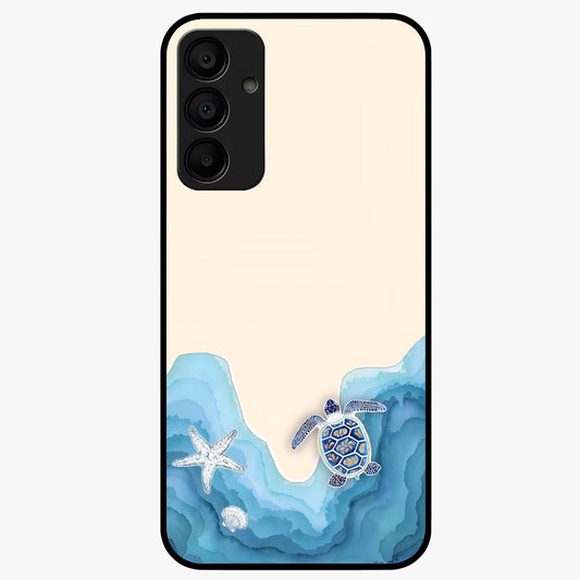 Ocean Drift Turtle Glass Case showing flat back view with sea turtle artwork and glossy glass finish.