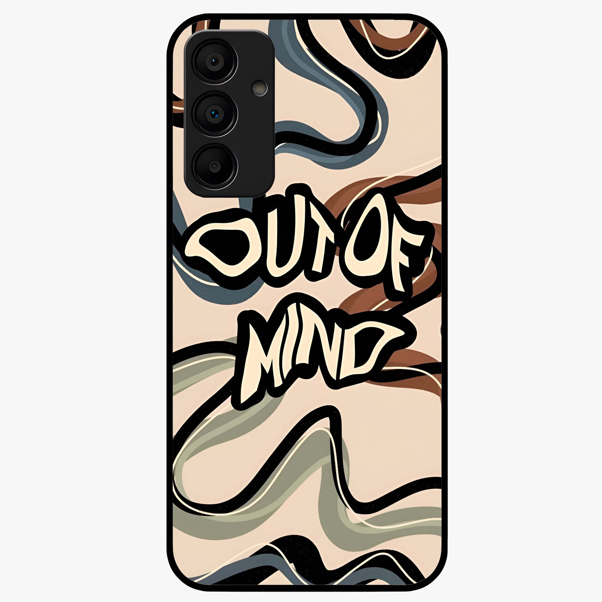 Out Of Mind Glass Case showing flat back view with expressive typography artwork and glossy glass finish.