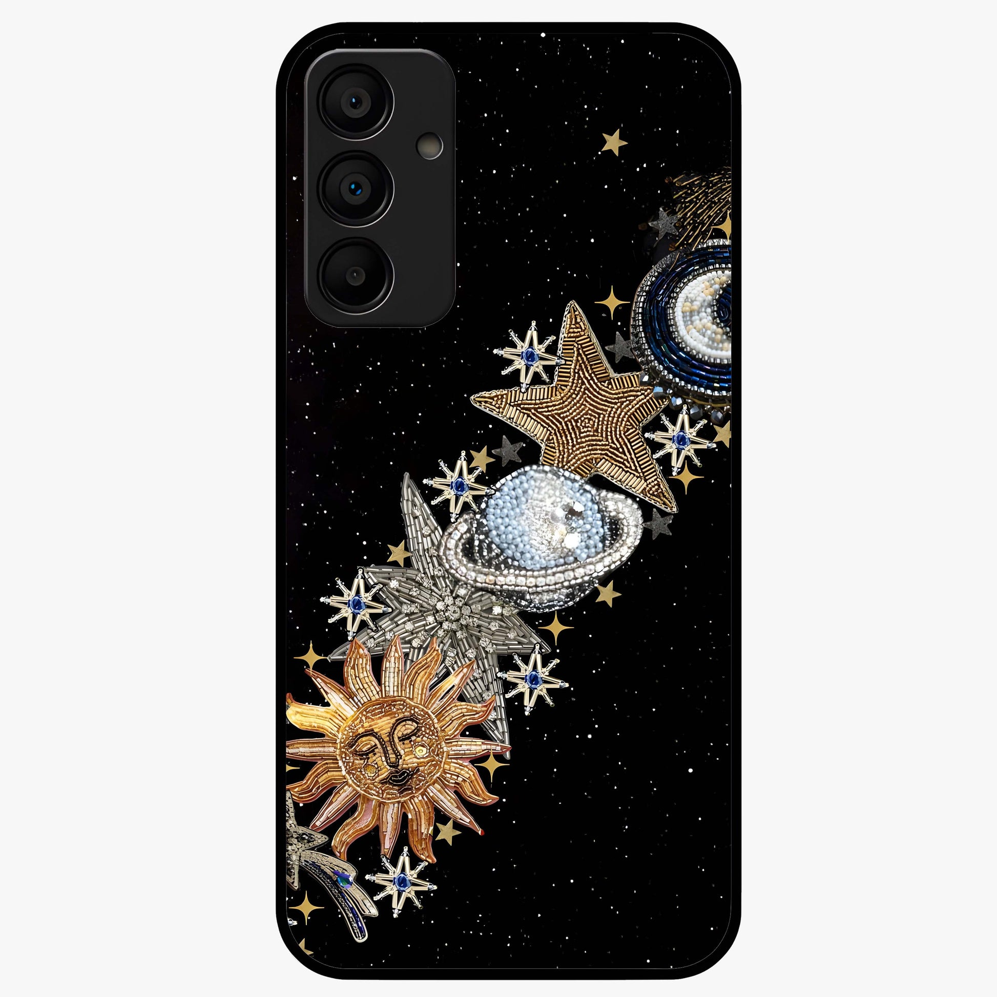 Pearls Universe Object Glass Case showing flat back view with pearl inspired cosmic artwork and glossy glass finish.