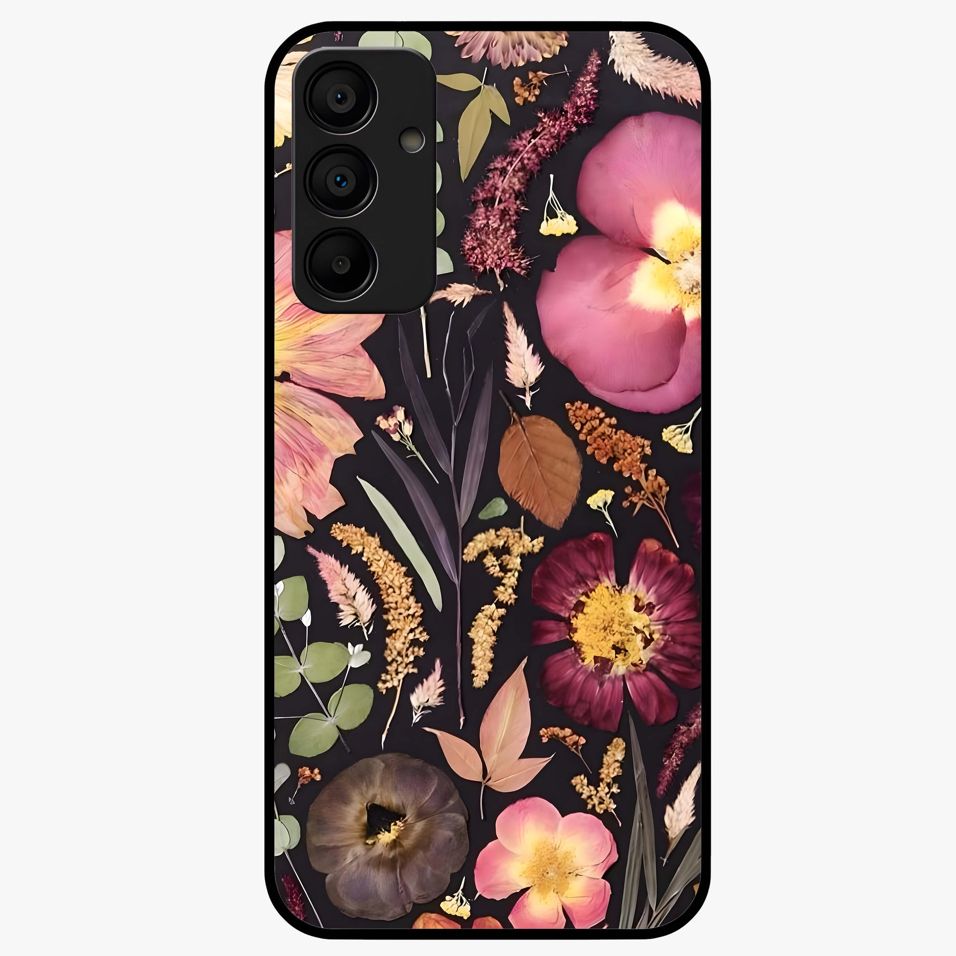 Petal Dream Tapestry Glass Case showing flat back view with intricate floral tapestry artwork and glossy glass finish.