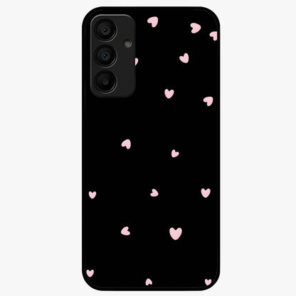 Pink Love Drops Glass Case showing flat back view with playful pink heart drops artwork and glossy glass finish.