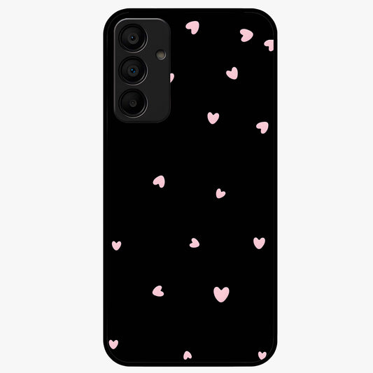 Pink Love Drops Glass Case showing flat back view with playful pink heart drops artwork and glossy glass finish.
