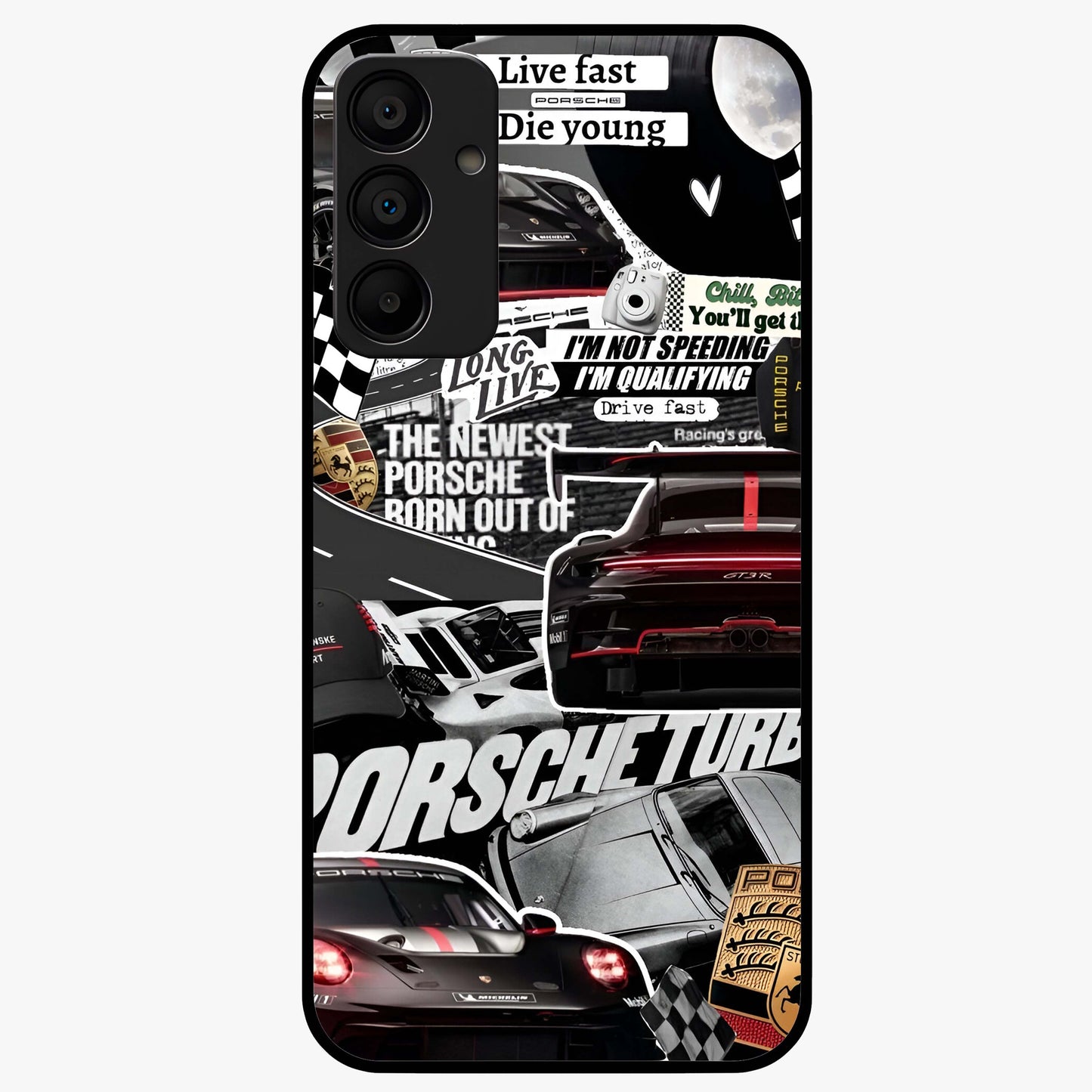 Porsche Racing Collage Glass Case showing flat back view with sports car racing collage artwork and glossy glass finish.