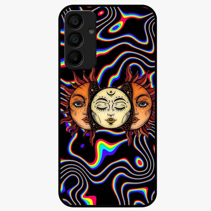 Psychedelic Sun Glass Case showing flat back view with colorful psychedelic sun artwork and glossy glass finish.