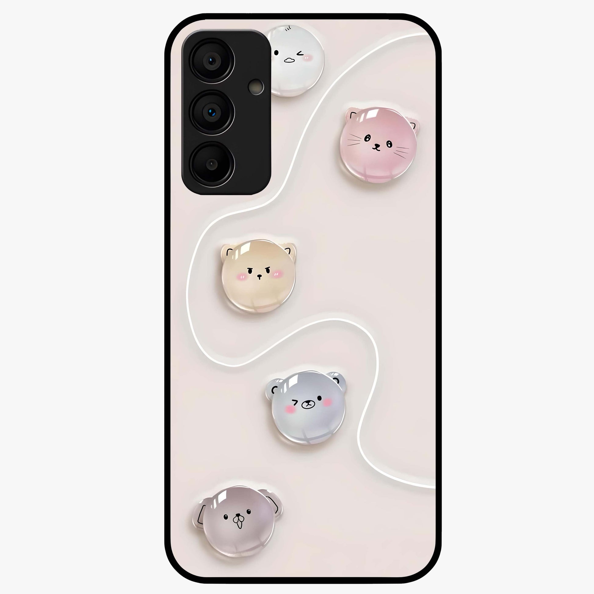 Puffy Face Parade Glass Case showing flat back view with cute puffy character faces artwork and glossy glass finish.