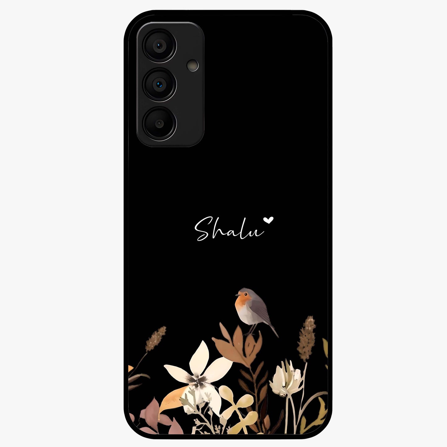 Quiet Garden Tune Custom Name Glass Case showing flat back view with peaceful garden artwork and personalized name design.