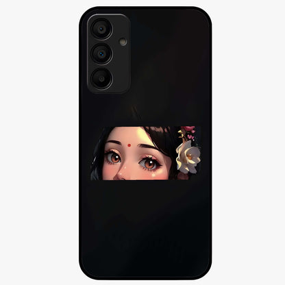 Radha Divine Embrace Glass Case showing flat back view with devotional Radha artwork and glossy glass finish.